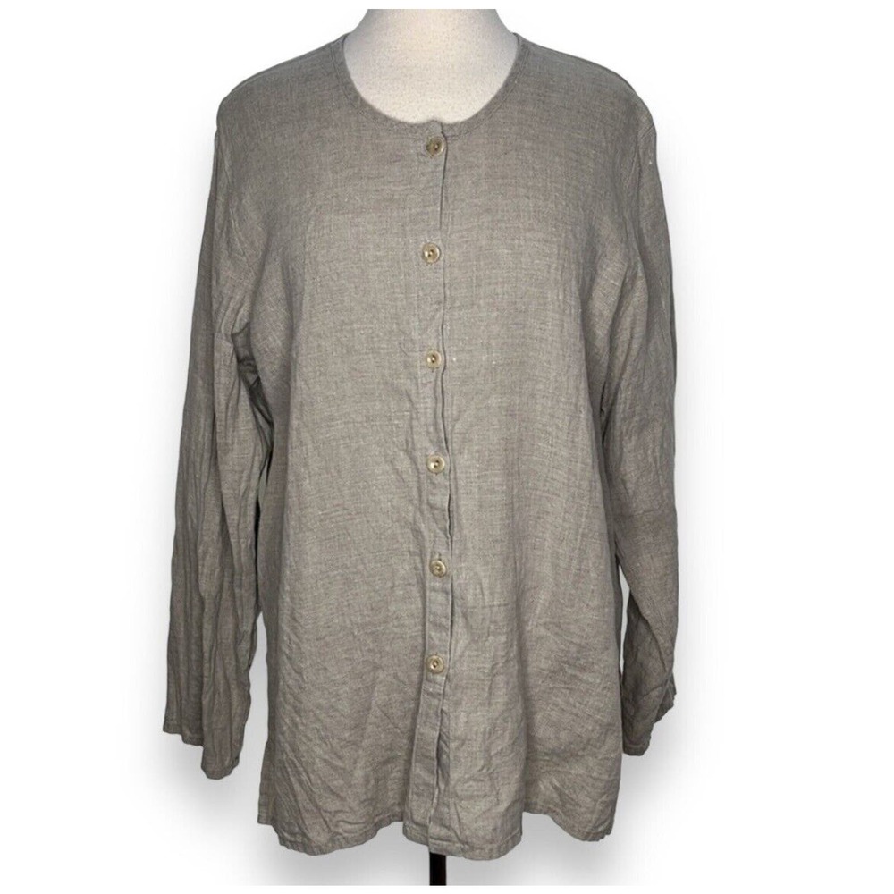 FLAX Linen Lagenlook Linen Tunic Top Size Medium Tan Cream Gray Button Up Blouse